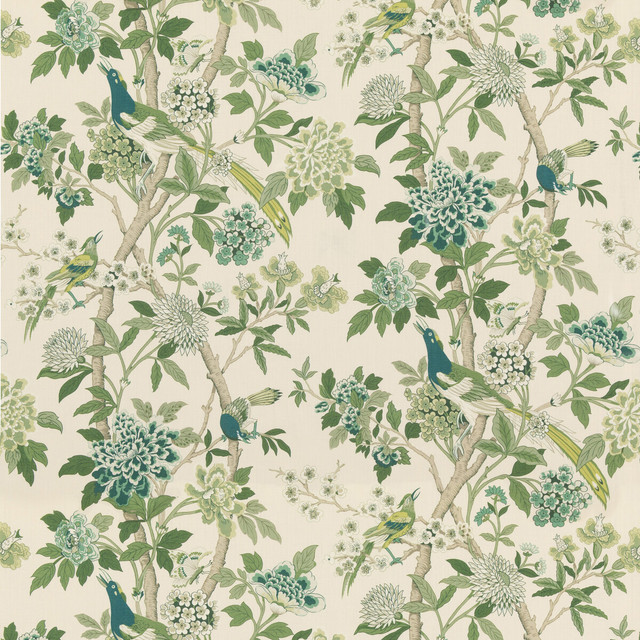 Hydrangea Bird (Archive) Green by G P & J Baker Designer Fabric CHIFU LINEN - 100% Thailand MEDIUM Horizontal: 52.796 and Vertical: 41.764 52.796 - Swanky Fabrics -
