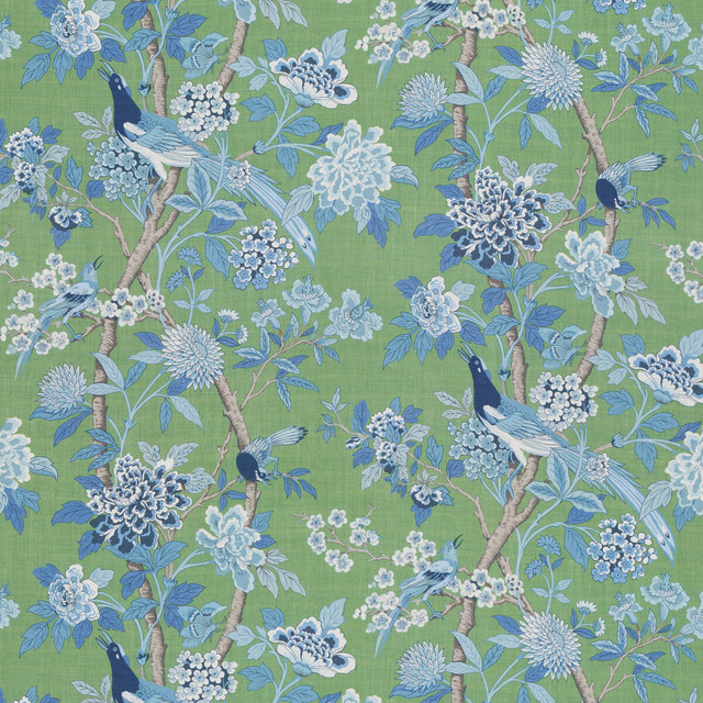 Hydrangea Bird (Archive) Emerald/Blue by G P & J Baker Designer Fabric CHIFU LINEN - 100% Thailand MEDIUM Horizontal: 52.796 and Vertical: 41.764 52.796 - Swanky Fabrics -