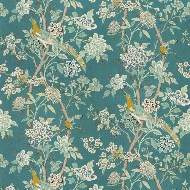Hydrangea Bird (Archive) Teal by G P & J Baker Designer Fabric CHIFU LINEN - 100% Thailand MEDIUM Horizontal: 52.796 and Vertical: 41.764 52.796 - Swanky Fabrics -