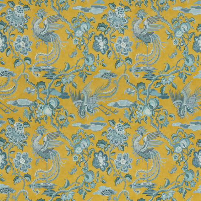 Chifu Ochre/Blue by G P & J Baker Designer Fabric CHIFU LINEN - 100% Thailand MEDIUM Horizontal: 26.201 and Vertical: 30.732 52.402 - Swanky Fabrics -