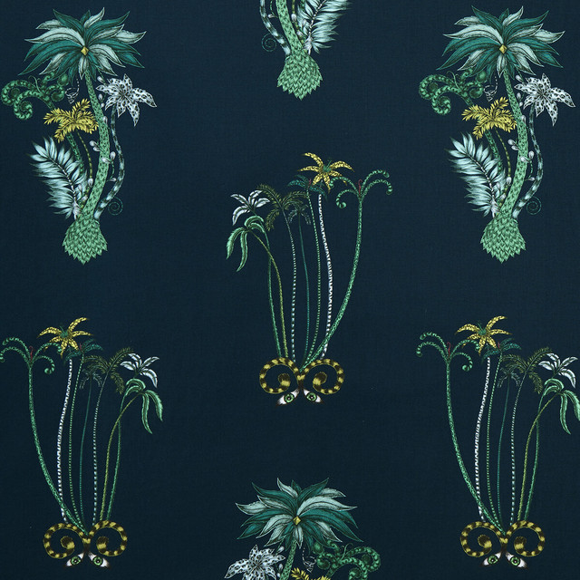 Jungle Palms Navy by Clarke And Clarke Designer Fabric ANIMALIA BY EMMA J SHIPLEY FOR C&C COTTON - 100% United Kingdom HEAVY Horizontal: 18.11 and Vertical: 26.18 54 - Swanky Fabrics -