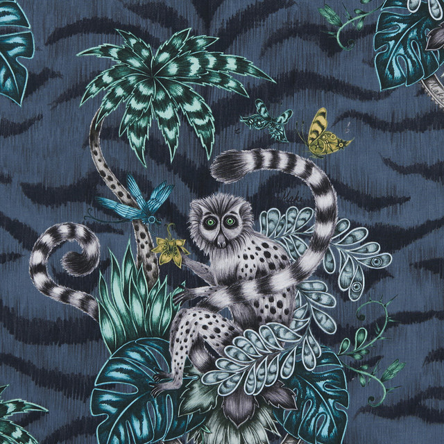 Lemur Navy by Clarke And Clarke Designer Fabric ANIMALIA BY EMMA J SHIPLEY FOR C&C COTTON - 100% United Kingdom HEAVY Horizontal: 18.11 and Vertical: 21.65 54 - Swanky Fabrics -
