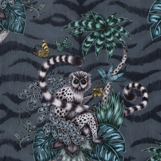 Lemur Velvet Navy by Clarke And Clarke Designer Fabric ANIMALIA BY EMMA J SHIPLEY FOR C&C POLYESTER - 100% Spain HEAVY Horizontal: 18.11 and Vertical: 21.65 54 - Swanky Fabrics -