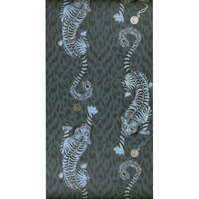 Tigris Navy by Clarke And Clarke Designer Wallcovering ANIMALIA BY EMMA J SHIPLEY FOR C&C - United Kingdom - Horizontal: 0 and Vertical: 25.25 20.5 - Swanky Fabrics -