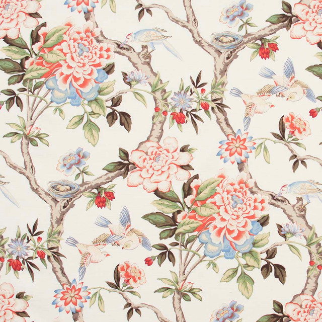 Bird Sanctuary Persimmon by Carole Designer Fabric Red Sea 100% Cotton -SSR Peru 25,000 Wyzenbeek Double Rubs Horizontal: 13.5 and Vertical: 25.25 54 - Swanky Fabrics -