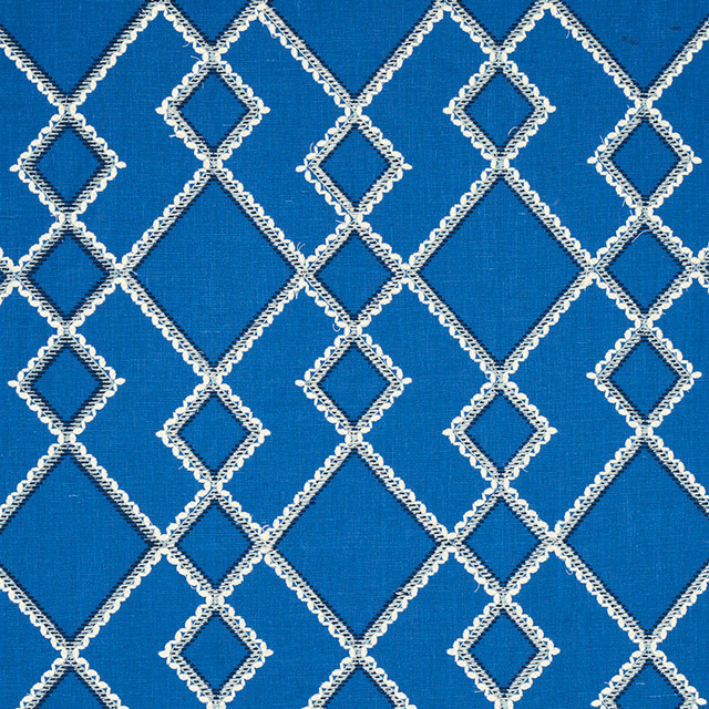 Branson Embroidery Blue 75891 by Schumacher Designer Fabric HAPPY TOGETHER II LINEN 62% POLYESTER 38% INDIA </p><p>Repeat: Horizontal: 8 1/8" (21CM) and Vertical: 15" (38CM) 55 - Swanky Fabrics -
