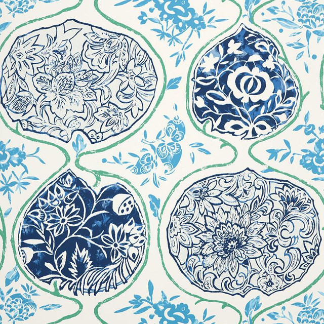Katsugi Cobalt & Turquoise 5006961 by Schumacher Designer Wallpaper Exuberant Prints 27.0" - Swanky Fabrics -