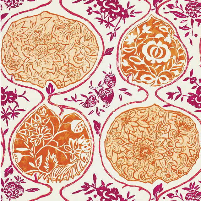 Katsugi Tangerine & Berry 5006962 by Schumacher Designer Wallpaper Exuberant Prints 27.0" - Swanky Fabrics - Katsugi Tangerine & Berry 5006962 by Schumacher Designer Wallpaper Exuberant Prints 27.0" - Swanky Fabrics -