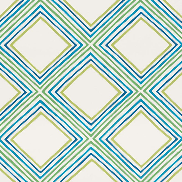 Square Dance Peacock 5009830 by Schumacher Designer Wallpaper Vera Neumann 27.0" - Swanky Fabrics - Square Dance Peacock 5009830 by Schumacher Designer Wallpaper Vera Neumann 27.0" - Swanky Fabrics -