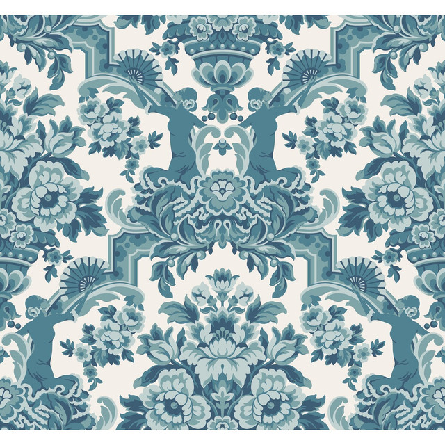 Lola Petrol Blues On White by Cole & Son Designer Wallcovering COLE & SON SEVILLE NON WOVEN - 100% United Kingdom Horizontal: 27 and Vertical: 25.2 27 - Swanky Fabrics -