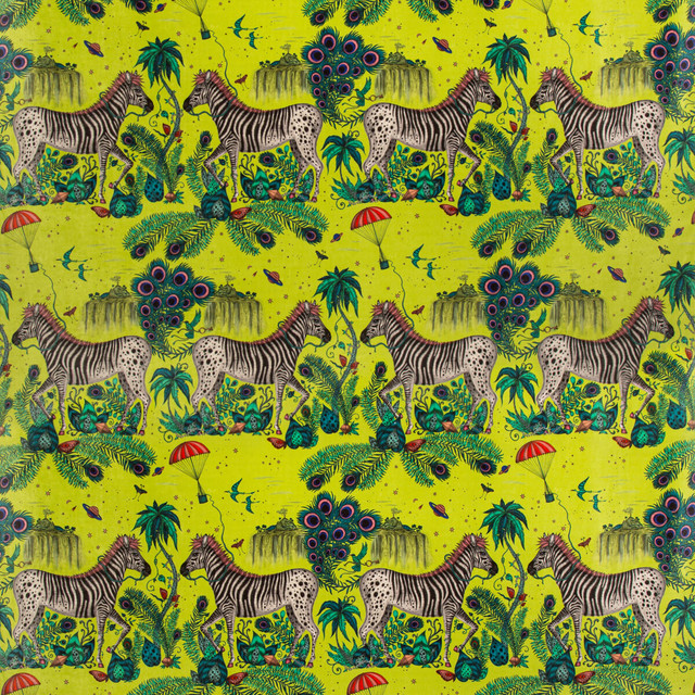 Lost World Velvet Lime by Clarke And Clarke Designer Fabric WILDERIE BY EMMA J SHIPLEY FOR C&C POLYESTER - 100% Spain HEAVY Horizontal: 27 and Vertical: 35.36 55 - Swanky Fabrics -