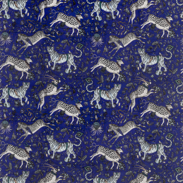 Protea Velvet Blue by Clarke And Clarke Designer Fabric WILDERIE BY EMMA J SHIPLEY FOR C&C POLYESTER - 100% Spain HEAVY Horizontal: 27 and Vertical: 25.36 55 - Swanky Fabrics -