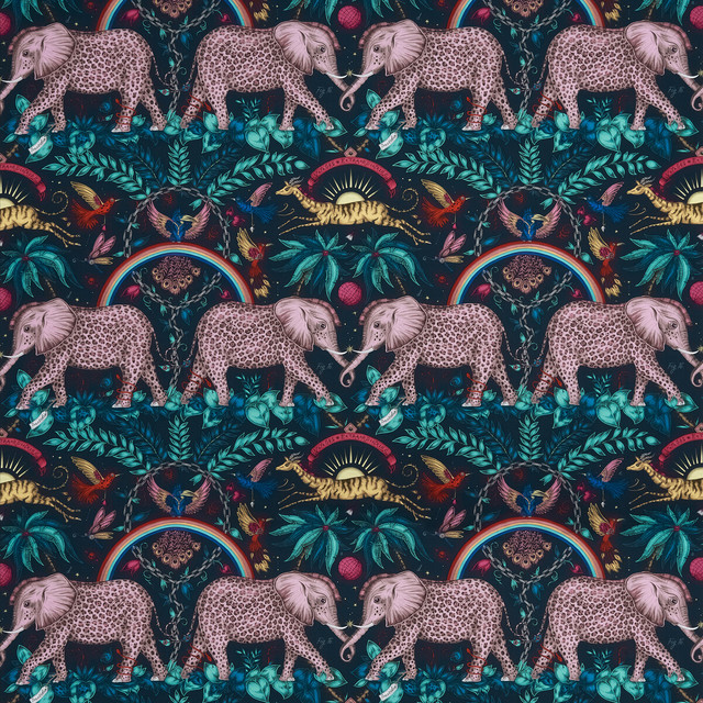 Zambezi Satin Navy by Clarke And Clarke Designer Fabric WILDERIE BY EMMA J SHIPLEY FOR C&C COTTON - 100% United Kingdom HEAVY Horizontal: 27 and Vertical: 21.78 54 - Swanky Fabrics -