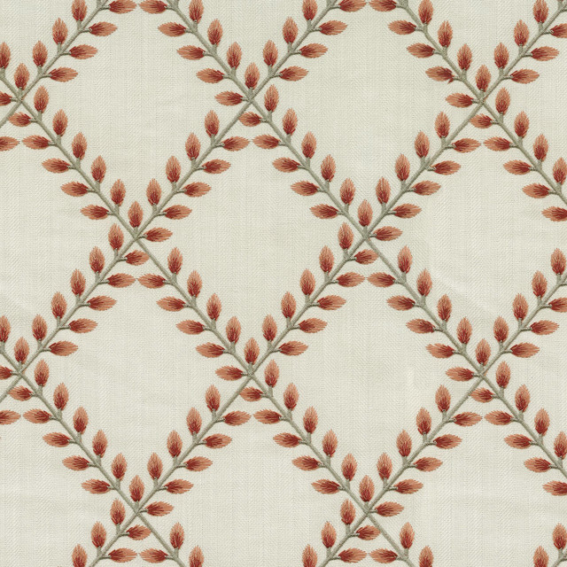 Clover Lane Emb Coral 410570 by PKL Studio Designer Fabric - 100% Polyester Embroid:100% Viscose INDIA 51000 Horizontal: 5.375 and Vertical: 6.25 55 - Swanky Fabrics -