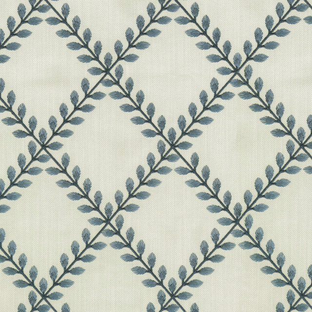 Clover Lane Emb Porcelain 410572 by PKL Studio Designer Fabric - 100% Polyester Embroid:100% Viscose INDIA 51000 Horizontal: 5.375 and Vertical: 6.25 55 - Swanky Fabrics -