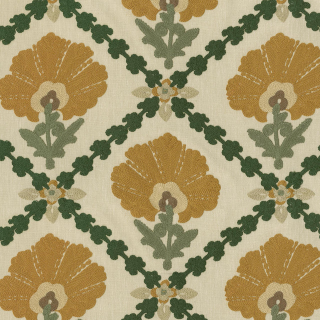 Grand Fleur Embroidery Golden 411400 by PKL Studio Designer Fabric - 47% cotton, 41% polyester, 12% linen Embroidery: 100% cotton India 51000 Horizontal: 10.7 and Vertical: 9.4 55 - Swanky Fabrics -