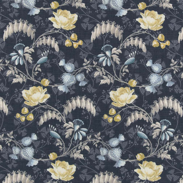 D2935 Indigo by Charlotte Designer Fabric Crypton Prints 100% Polyester Asia Exceeds 60,000 Wyzenbeek Rubs </p><p>Repeat: Horizontal 11" x Vertical 18.5" 54 Inches - Swanky Fabrics -