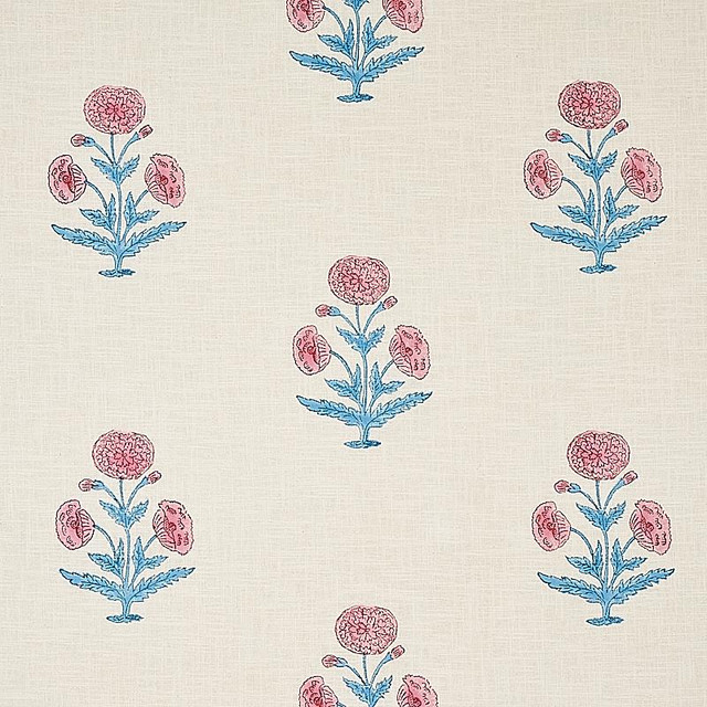Poppy Hand Block Print Rose & Sky 179840 by Schumacher Designer Fabric Molly Mahon 8.88" - Swanky Fabrics - Poppy Hand Block Print Rose & Sky 179840 by Schumacher Designer Fabric Molly Mahon 8.88" - Swanky Fabrics -