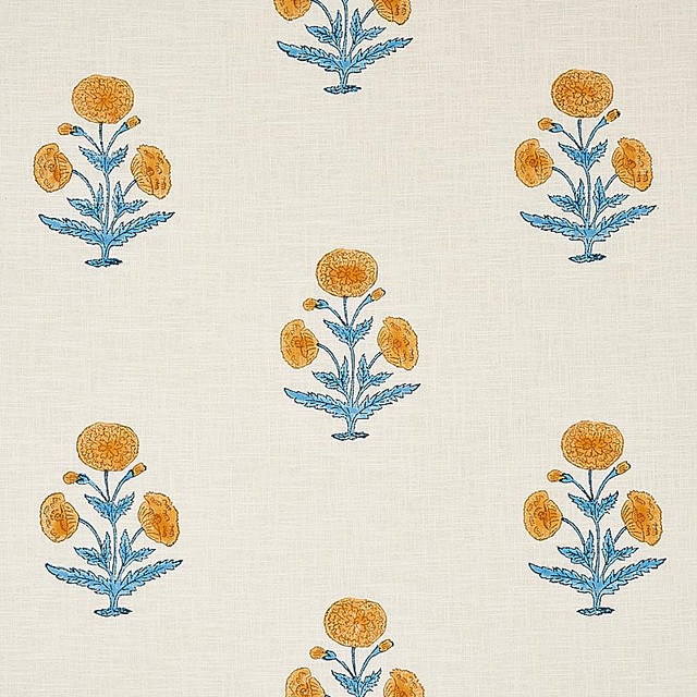 Poppy Hand Block Print Mustard & Sky 179841 by Schumacher Designer Fabric Molly Mahon 8.88" - Swanky Fabrics - Poppy Hand Block Print Mustard & Sky 179841 by Schumacher Designer Fabric Molly Mahon 8.88" - Swanky Fabrics -