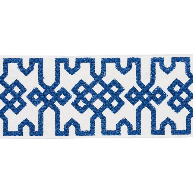 Knotted Trellis Tape Blue On White 80883 by Schumacher Designer Trim Orient Express - Swanky Fabrics - Knotted Trellis Tape Blue On White 80883 by Schumacher Designer Trim Orient Express - Swanky Fabrics -