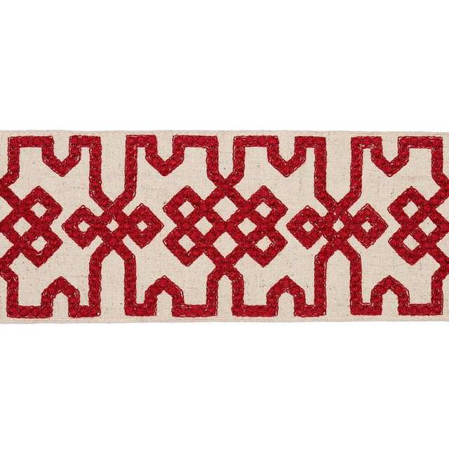 Knotted Trellis Tape Crimson On Unbleached 80881 by Schumacher Designer Trim Orient Express - Swanky Fabrics - Knotted Trellis Tape Crimson On Unbleached 80881 by Schumacher Designer Trim Orient Express - Swanky Fabrics -