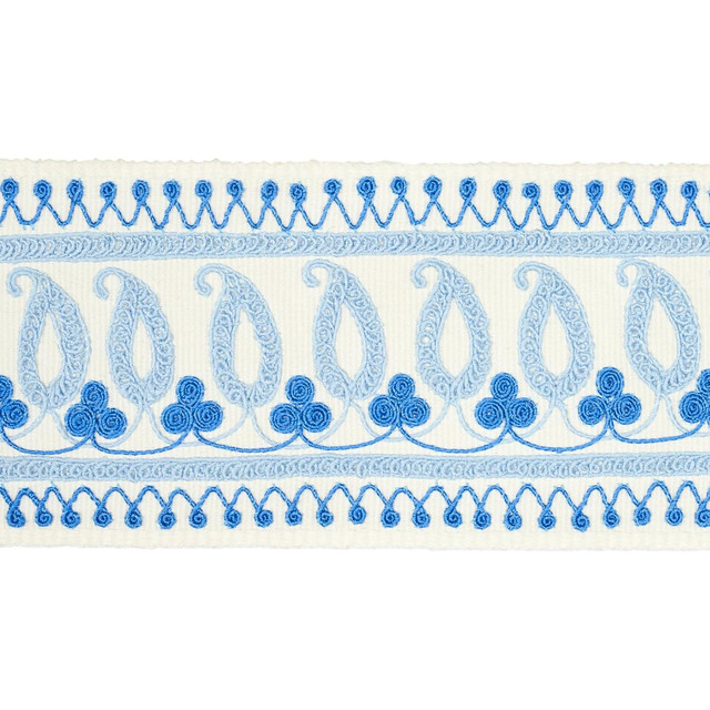 Paisley Embroidered Tape Blues 81230 by Schumacher Designer Trim Embroidered And Embellished Trims - Swanky Fabrics - Paisley Embroidered Tape Blues 81230 by Schumacher Designer Trim Embroidered And Embellished Trims - Swanky Fabrics -