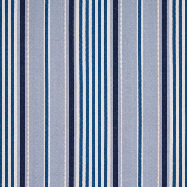 Minzer Cotton Stripe Blue 66014 by Schumacher Designer Fabric Stripes Revisits 13.5" - Swanky Fabrics -