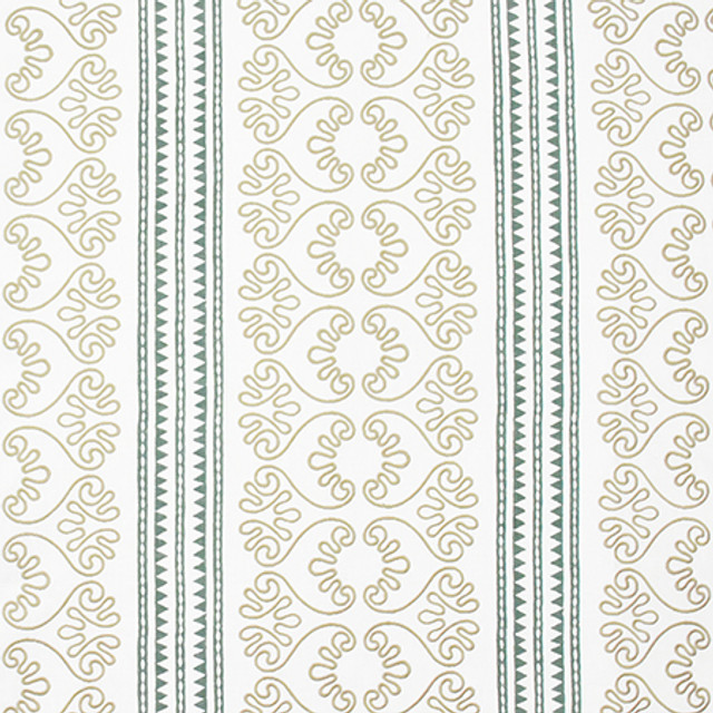 Garden Paths Teal by Carole Designer Fabric Artisan Base: 50% Poly, 50% Cotton. Embr: 60% Poly, 40% Cotton INDIA N/A 3 3/4" V, 13 1/2" H 53.75" - Swanky Fabrics -