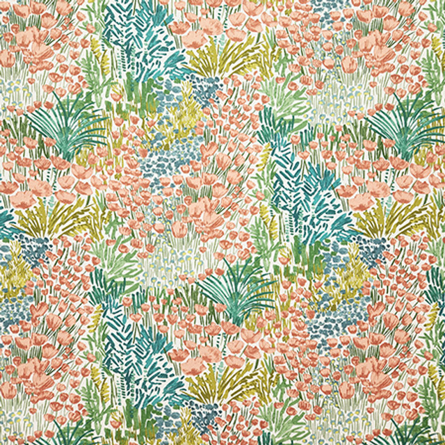 Blooming Meadow Coral by Carole Designer Fabric Dawn & Dusk 100% Cotton India 12,000 WYZENBEEK DOUBLE RUBS 27 1/2" V, 13 3/4" H HD 55" - Swanky Fabrics -
