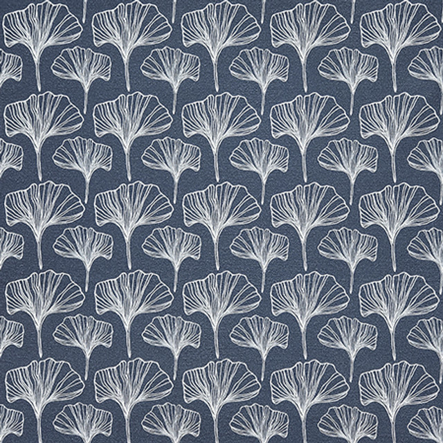 Ginkgo Sketches Indigo by Carole Designer Fabric Dawn & Dusk 100% Cotton Spain 50,000 WYZENBEEK DOUBLE RUBS 4 1/2" V, 4 1/2" H 54" - Swanky Fabrics -