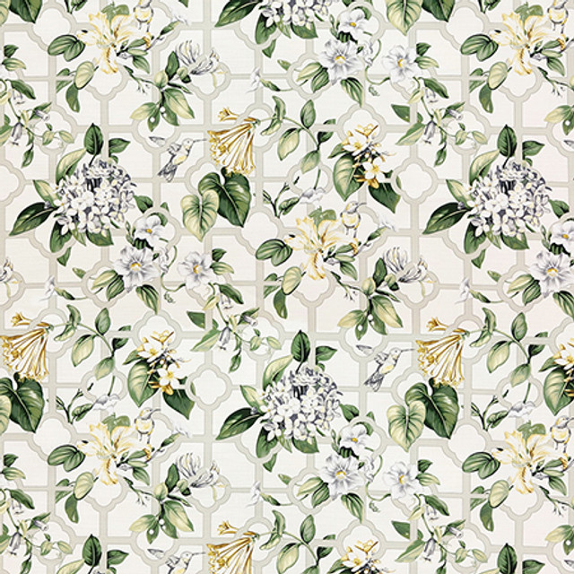 Bird Trellis Garden by Carole Designer Fabric Evergreen 100% Cotton Peru 25,000 WYZENBEEK DOUBLE RUBS 27" V, 13 1/2" H HD 54" - Swanky Fabrics -