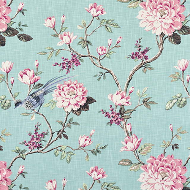 Garden Bird Spa by Carole Designer Fabric Jade 100% Cotton-Soil Repellent Pakistan 50,000 Wyzenbeek Double Rubs 25 1/8" V, 27"H 56" - Swanky Fabrics -