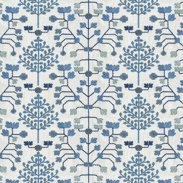 Anatolian Emb Porcelain 411802 by PKL Studio Designer Fabric 100% Cotton, Embroidery: 48% Viscose, 52% Polyester India 51000 Horizontal: 7.375 and Vertical: 13.125 54 - Swanky Fabrics -