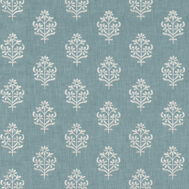 Floral Sprig Emb Chambray 412384 by PKL Studio Designer Fabric Base 50% polyester, 50% cotton Emb: 100% polyester India 6000 Horizontal: 4.5 and Vertical: 3 55 - Swanky Fabrics -