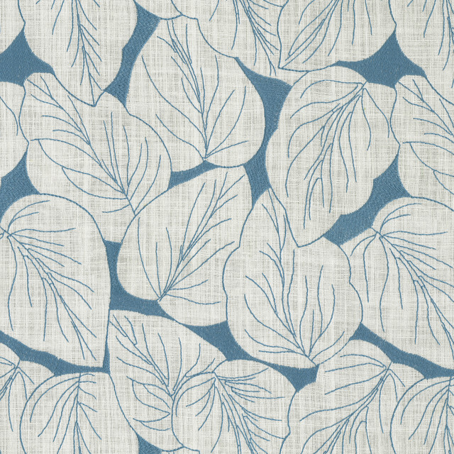 Philodendro Emb Aegean 412580 by PKL Studio Designer Fabric Base 70% Polyester, 30% Cotton Emb 100% polyester India 51000 Horizontal: 12.8 and Vertical: 15.5 54 - Swanky Fabrics -