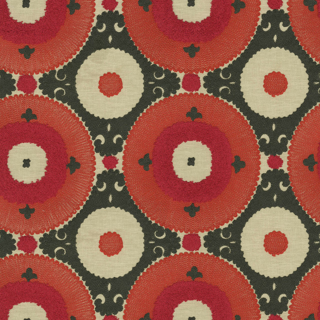 Uzbek Emb Chili 470530 by PKL Studio Designer Fabric - Base: 52% polyester, 48% cotton Emb: 100% cotton India 17000 Horizontal: 9 and Vertical: 9.25 55 - Swanky Fabrics -