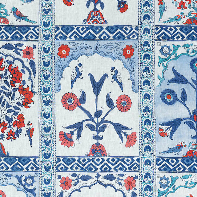 Indian Panel Coral and Blue F910631 by Thibaut Fabric Thibaut Fabric Indian Panel Coral and Blue F910631Fabric Ceylon Fabric 100% Linen THAILAND </p><p>Repeat: V: 35 54 - Fabric Carolina -