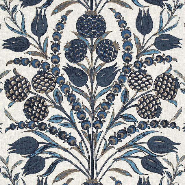 Corneila Navy F972603 by Thibaut Fabric Thibaut Fabric Corneila Navy F972603Fabric Chestnut Hill Fabric 100% Linen INDIA </p><p>Repeat: V: 24 54 - Fabric Carolina -