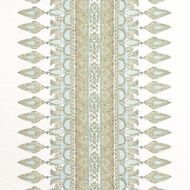 Akola Stripe Seaglass and Gold F936408 by Thibaut Fabric Thibaut Fabric Akola Stripe Seaglass and Gold F936408Fabric Indienne Fabric Book 60% Linen, 30% Cot, 10% Nylon SCOTLAND </p><p>Repeat: V: 4.5 54 - Fabric Carolina -