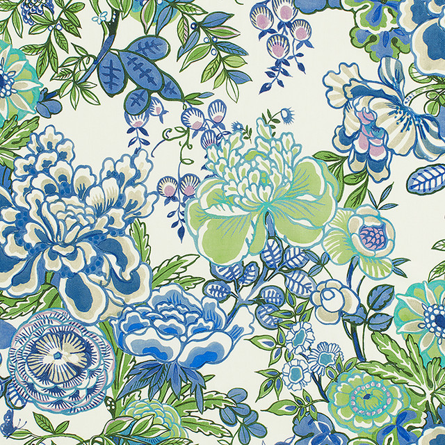 Peony Garden Blue and Green F942021 by Thibaut Fabric Thibaut Fabric Peony Garden Blue and Green F942021Fabric Sojourn Fabric Book 100% Linen UNITED STATES </p><p>Repeat: V: 27 54 - Fabric Carolina -