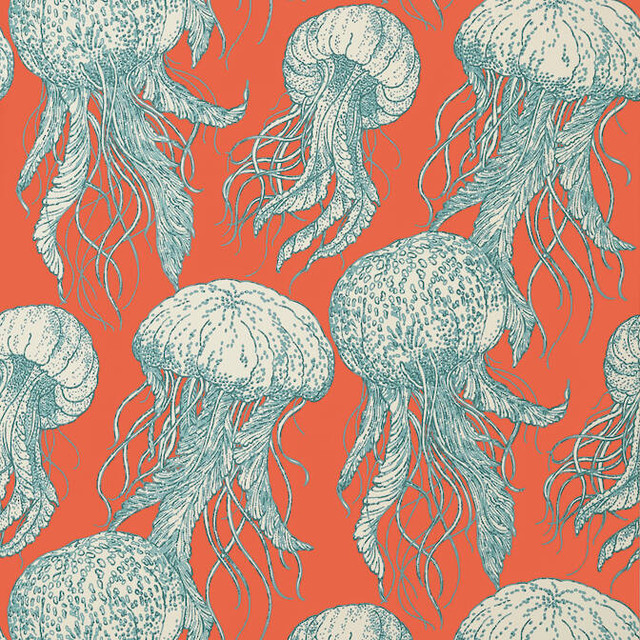 Jelly Fish Bloom Coral and Turquoise T13172 by Thibaut Wallpaper Thibaut Wallpaper Jelly Fish Bloom Coral and Turquoise T13172Wallpaper Summer House Wallpaper U.S.A. </p><p>Repeat: V: 25.25 27 - Fabric Carolina -