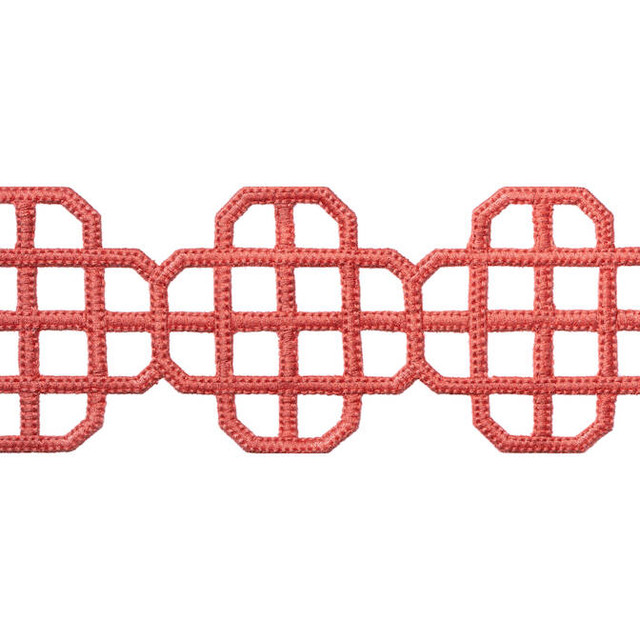 Fret Applique Coral E12265 by Thibaut Fabric Thibaut Fabric Fret Applique Coral E12265Fabric Tapes & Trims Volume 3 100% Polyester INDIA </p><p>Repeat: V: 3.25 3.5 - Fabric Carolina -