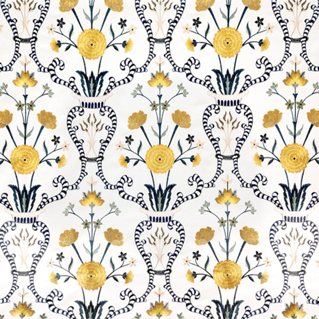 Delicate Heart Marigold by Carole Designer Fabric Blue Crush Base: 100% Cotton Embr:71% Cotton, 21% Viscose,8% Polyester India 30 1/4" V, 9" H HD 50"" - Swanky Fabrics -