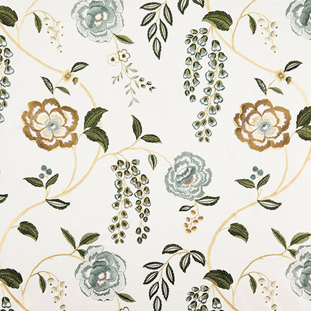 At Its Finest Saffron by Carole Designer Fabric First Impressions Base: 100% Cotton Embr: 79% Cotton, 15% Viscose, 6% Poly India 30 1/2" V, 25 1/8" H 51" - Swanky Fabrics -