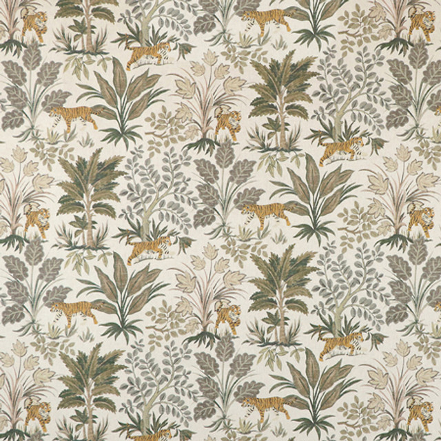 Tiger Hunt Ecru by Carole Designer Fabric Misty Glen 55% Linen, 45% Cotton Spain 13 1/2" V, 13 1/2" H HD 54"" - Swanky Fabrics - Tiger Hunt Ecru by Carole Designer Fabric Misty Glen 55% Linen, 45% Cotton Spain 13 1/2" V, 13 1/2" H HD 54"" - Swanky Fabrics -