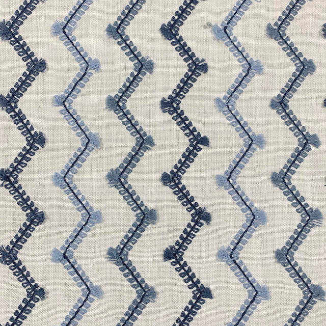 Zag Bluesy by Magnolia Designer Fabric - Base: 100% Polyester Emb: 100% Cotton India 5000 Horizontal: 4.50" and Vertical: 2" 53" - Swanky Fabrics -