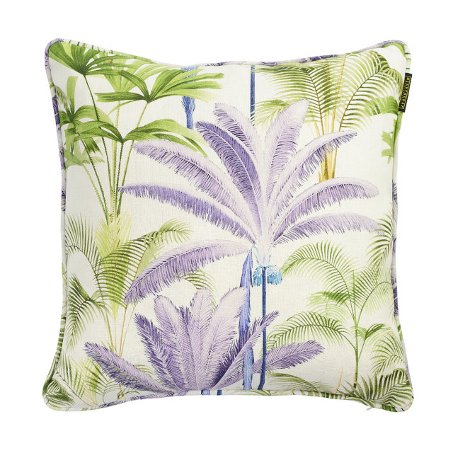 Mind The Gap Pillows PALMERAS / FROST GREY Linen Cushion (LC40021) | LC40021 | TROPICAL MOOD | 20 x 20 in | Green, Grey, Purple | Fabric Carolina | https://www.fabriccarolina.com/
