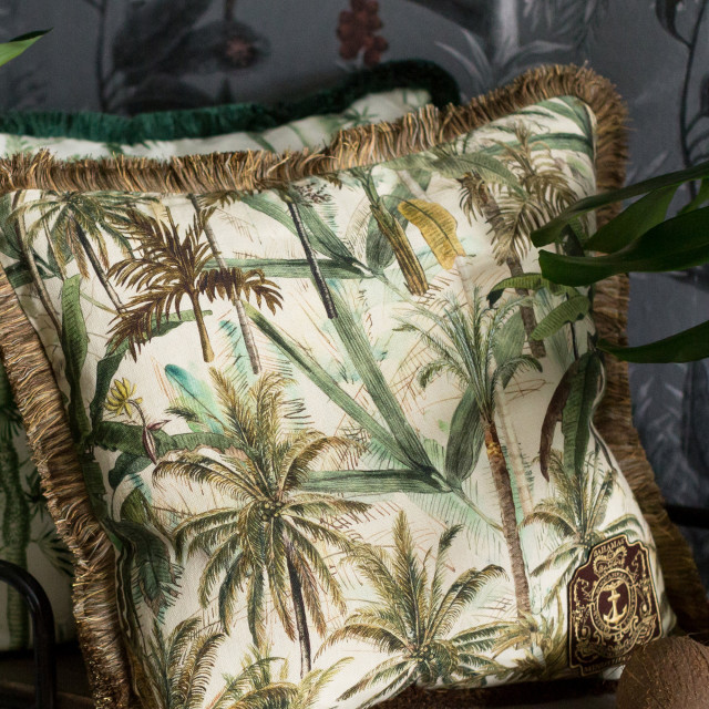 Mind The Gap Pillows THE JUNGLE Cushion (LC40070) | LC40070 | THE TROPICAL COTTAGE | 20 x 20 in | Brown, Green | Fabric Carolina | https://www.fabriccarolina.com/