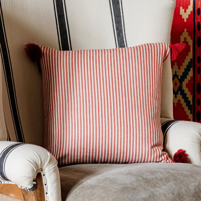 Mind The Gap Pillows RHUBARB Stripe Heavy Linen Cushion (LC40097) | LC40097 | TRANSYLVANIAN ROOTS | 20 x 20 in | Red, White | Fabric Carolina | https://www.fabriccarolina.com/