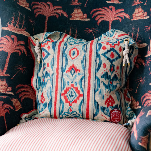 Mind The Gap Pillows MEDITERRANEO IKAT Cushion (LC40111) | LC40111 | SUNDANCE VILLA | 20 x 20 in | Indigo, Red, White | Fabric Carolina | https://www.fabriccarolina.com/